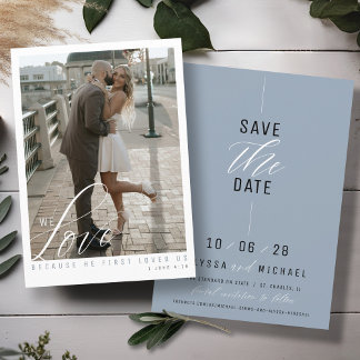 Save The Date Elégant Dusty Bleu Simple Photo Mariage chrétien