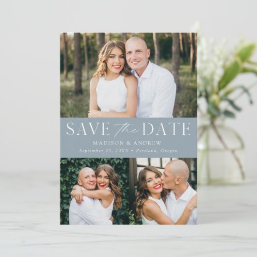 Save The Date Elégant Dusty Blue 3 Photo QR Code (Debout devant)