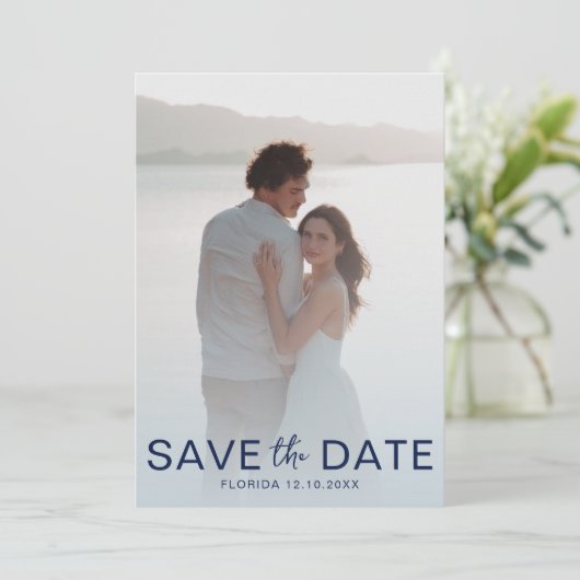 Save The Date Elegant Dusty Blue Botanica & Photo Enregistrer la (Debout devant)
