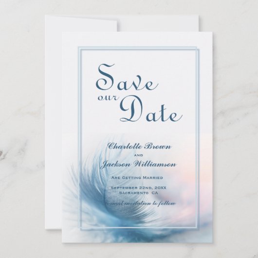 Save The Date Elégant Dusty Blue Feather Wedding Enregistrer la (Devant)