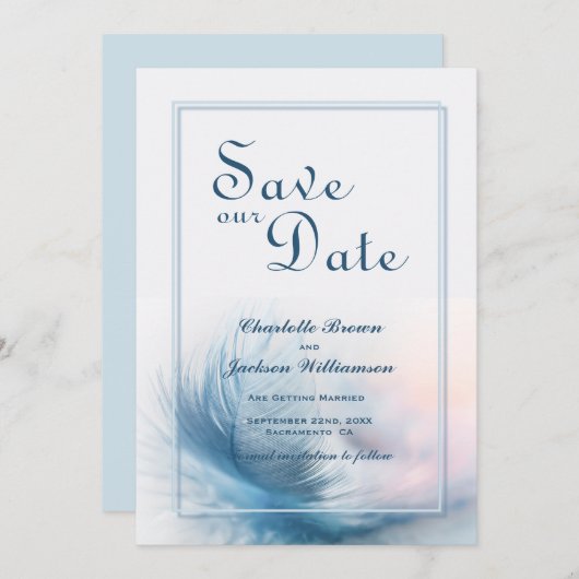 Save The Date Elégant Dusty Blue Feather Wedding Enregistrer la (Devant / Derrière)