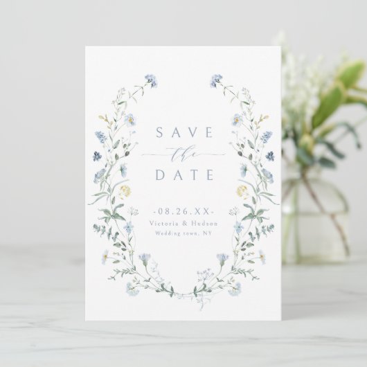 Save The Date Elégant Dusty Blue Fleur sauvage Rustic Boho Maria (Debout devant)