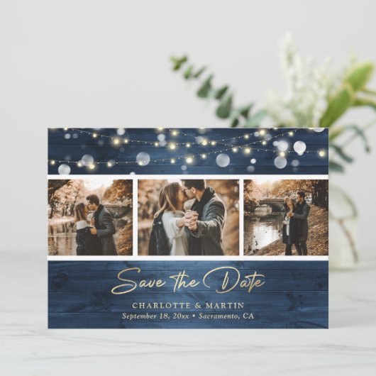 Save The Date Elégant Dusty Blue Gold Foil Wood Mariage Photo (Debout devant)