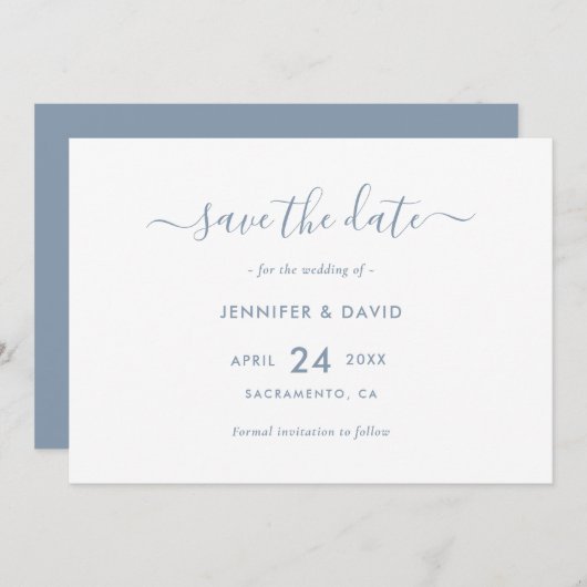 Save The Date Elégant Dusty Blue Script Wedding Enregistrer La D (Devant / Derrière)