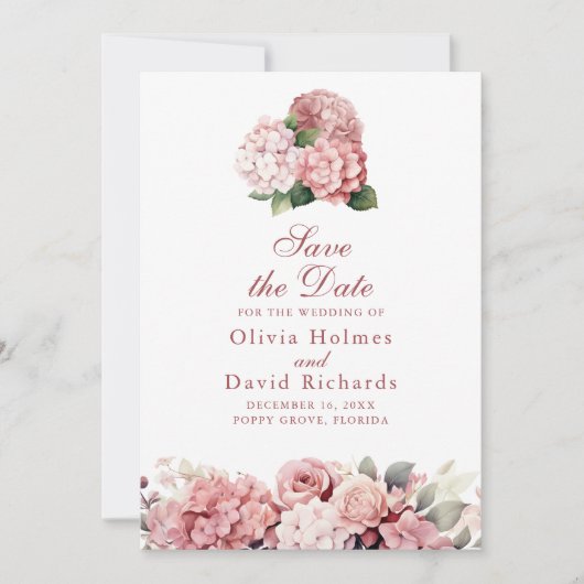 Save The Date Élégant Dusty Rose Hydrangea Mariage (Devant)