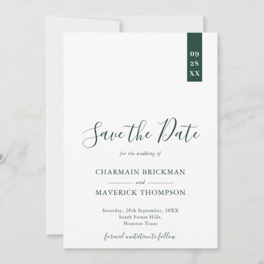 Save The Date Élégant Emerald Green et Mariage de script blanc (Devant)
