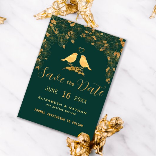 Save The Date Élégant Emerald Green & Gold Floral Birds Économis