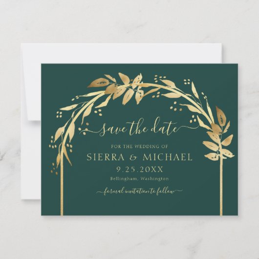 Save The Date Élégant Emerald Green Gold Foliage Arch Mariage (Devant)