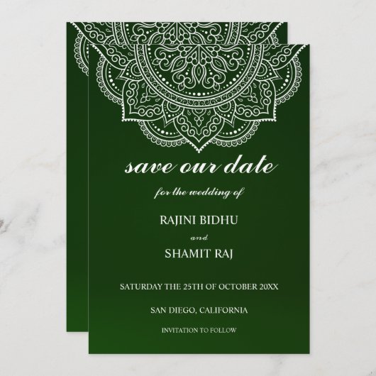 Save The Date Élégant Emerald Green Paisley Mariage indien hindo (Devant / Derrière)