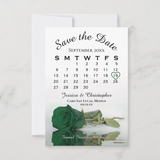 Save The Date Élégant Emerald Green Rose Chic Mariage Calendrier (Devant)