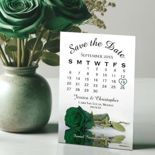 Save The Date Élégant Emerald Green Rose Chic Mariage Calendrier
