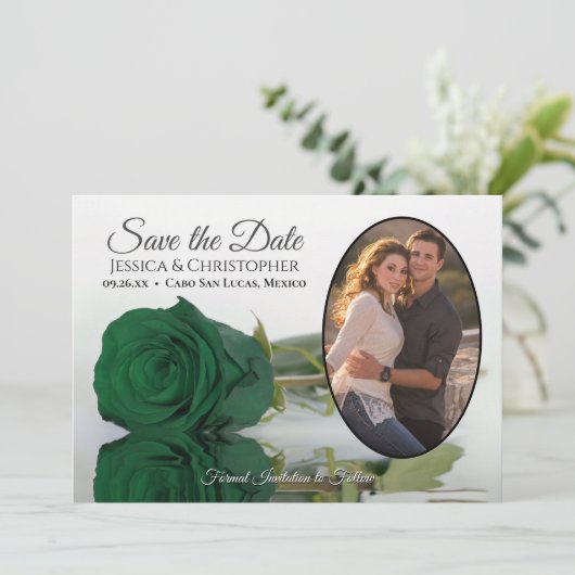Save The Date Élégant Emerald Green Rose Oval Photo Mariage (Debout devant)