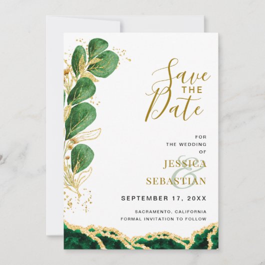 Save The Date Élégant Emeraude Et Or Agate Mariage Eucalyptus (Devant)