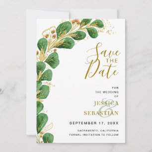 Save The Date Élégant Émeraude Vert et Or Eucalyptus