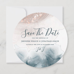 Save The Date Élégant Encre Alcoolique Doré Blush Bleu Minimalis