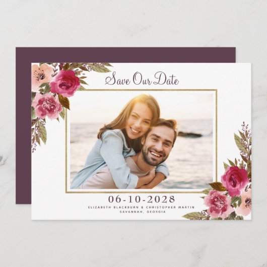 Save The Date Elégant Engagé Photo Floral Mariage Gold Frame (Devant / Derrière)