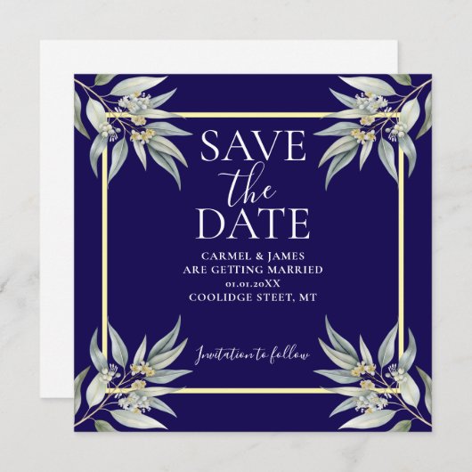 Save The Date Élégant Enregistrer La Date Boho Eucalyptus Leave (Devant / Derrière)