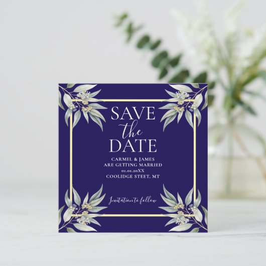 Save The Date Élégant Enregistrer La Date Boho Eucalyptus Leave (Debout devant)