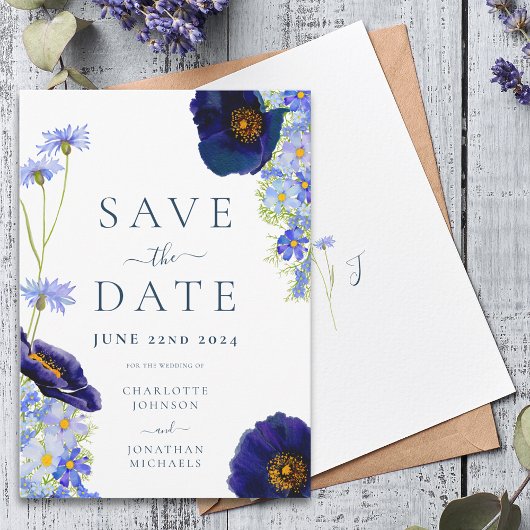 Save The Date Élégant Été Floral Bleu Mariage Enregistrer La Dat