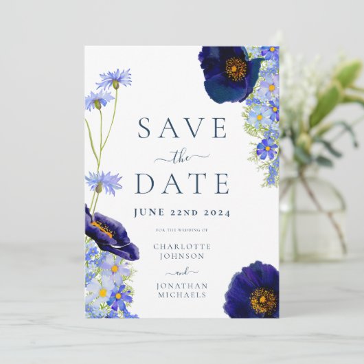 Save The Date Élégant Été Floral Bleu Mariage Enregistrer La Dat (Debout devant)