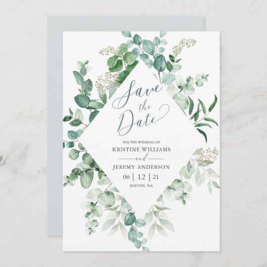 Save The Date Elégant Eucalyptus Aquarelle Mariage de verdure (Devant / Derrière)
