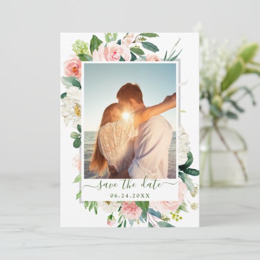 Save The Date Elégant Eucalyptus Blush Rose Flower Mariage PHOTO (Debout devant)