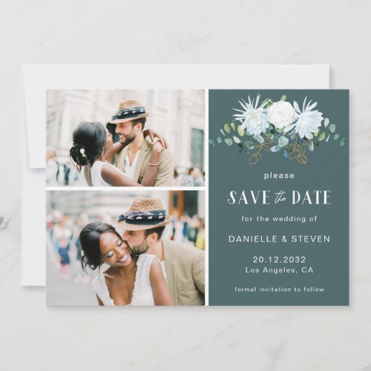 Save The Date Elégant eucalyptus de fleurs blanches 2 photos mar (Devant)