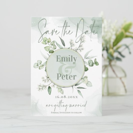 Save The Date Elégant Eucalyptus Feuille Mariage de verdure (Debout devant)