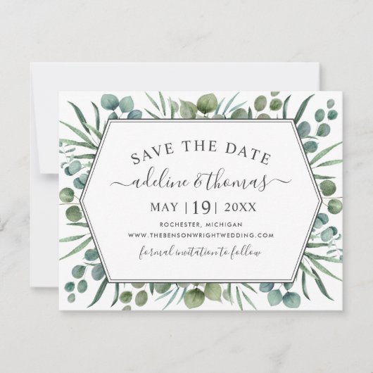 Save The Date Elégant Eucalyptus Mariage de verdure géométrique (Devant)