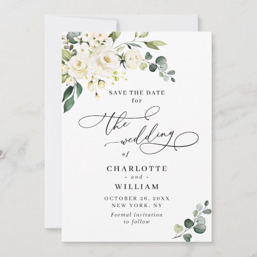 Save The Date Elégant Eucalyptus Roses Blanches Mariage Floral (Devant)