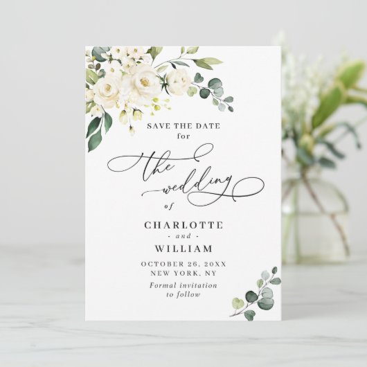 Save The Date Elégant Eucalyptus Roses Blanches Mariage Floral (Debout devant)