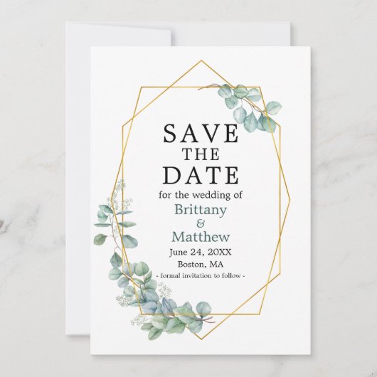 Save The Date Elégant Eucalyptus Verdure Gold Geo Cadre (Devant)