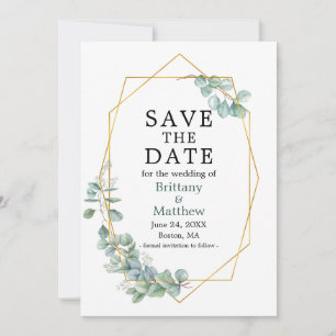 Save The Date Elégant Eucalyptus Verdure Gold Geo Cadre