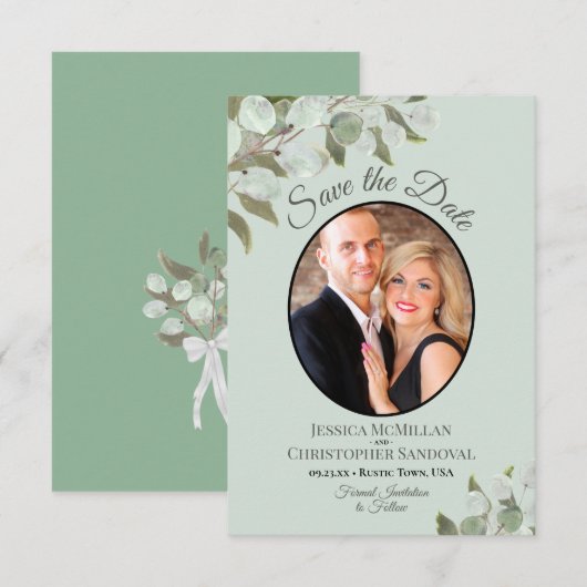 Save The Date Elégant Eucalyptus Vert et Mariage photo (Devant / Derrière)