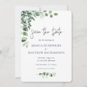 Save The Date Elégant Eucalyptus Vert Mariage blanc plat (Devant)