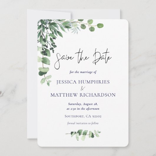 Save The Date Elégant Eucalyptus Vert Mariage blanc plat (Devant)
