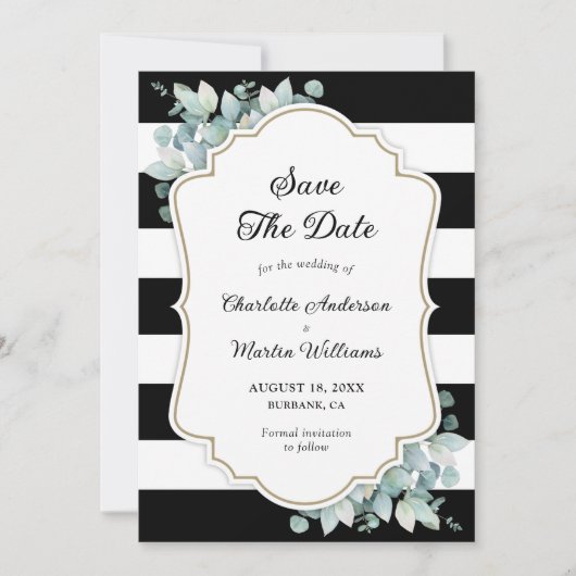 Save The Date Elégant Eucalyptus Vert Mariage noir blanc (Devant)