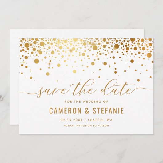 Save The Date Elégant Faux Gold Foil Confetti Moderne Blanc (Devant / Derrière)