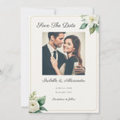 Save The Date Elegant Faux Gold Frame White Floral Custom Photo (Devant)