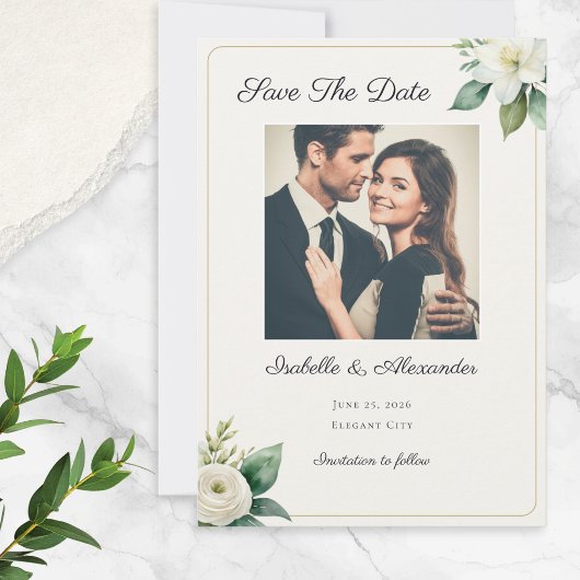Save The Date Elegant Faux Gold Frame White Floral Custom Photo