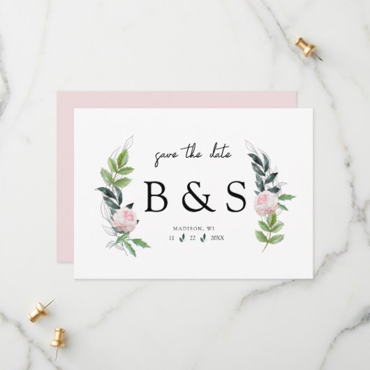 Save The Date Élégant feuillage rose Floral Monogramme (Devant/Arrière en situation)
