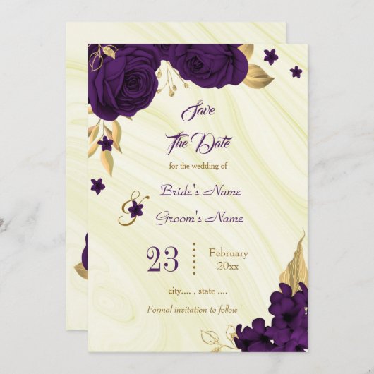 Save The Date élégant feuille royal violet or floral (Devant / Derrière)