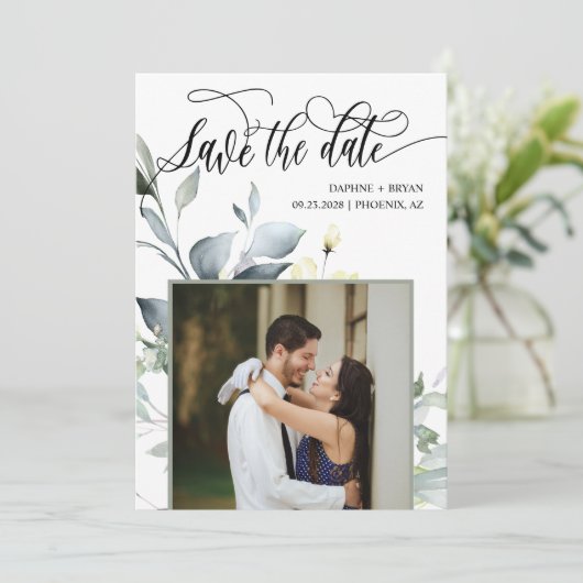 Save The Date Élégant Feuille vert moderne QR Code Mariage photo (Debout devant)