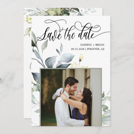 Save The Date Élégant Feuille vert moderne QR Code Mariage photo (Devant / Derrière)