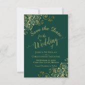 Save The Date Élégant Filigree Or Fancy Mariage vert émeraude (Devant)