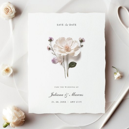 Save The Date Élégant Fleur Pressée Blanche Chic