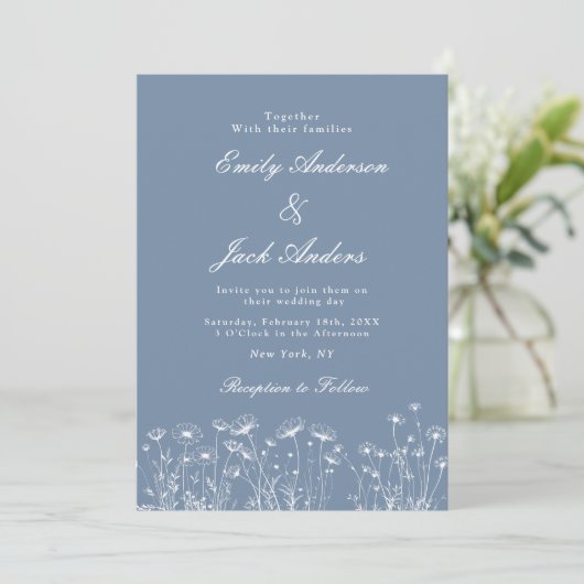 Save The Date Élégant Fleur sauvage blanc Périwinkle Mariage (Debout devant)