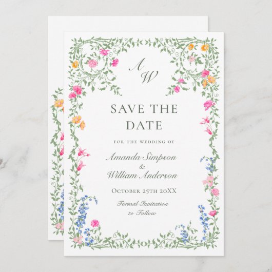 Save The Date Elégant Fleur sauvage d'aquarelle Meadow (Devant / Derrière)
