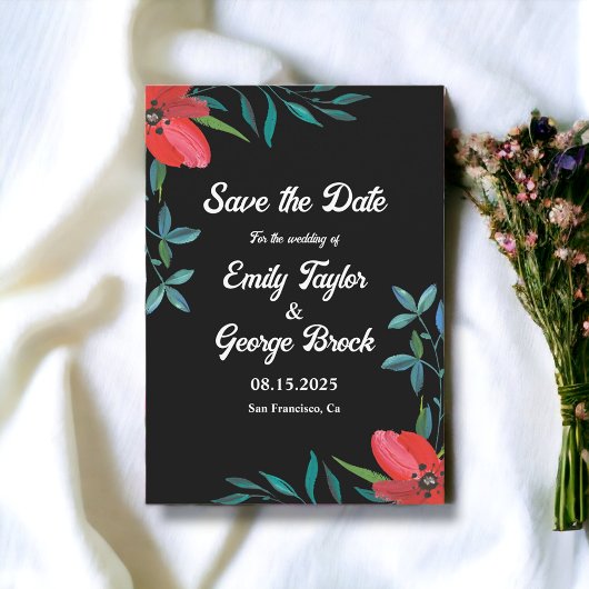 Save The Date Elégant Fleur sauvage de verdure noir Mariage Flor