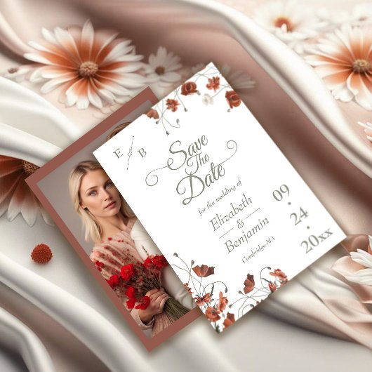 Save The Date Élégant Fleur sauvage en terre cuite Mariage